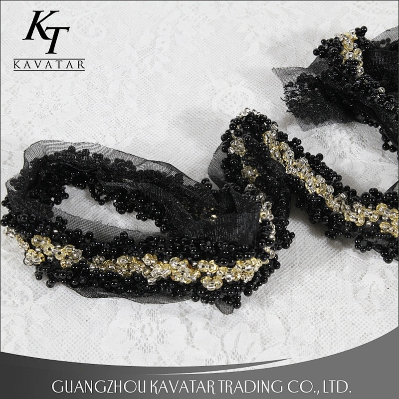 High quality black beaded lace mesh tape with crystal sewed handmade
