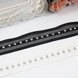 black beaded ribbon trim lace fabric handmade beads  Design Lace Trims Rivet Mesh Trim Copper Beads Ribbon