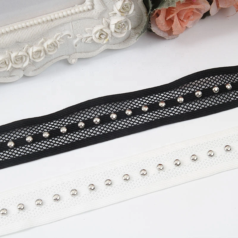 black beaded ribbon trim lace fabric handmade beads  Design Lace Trims Rivet Mesh Trim Copper Beads Ribbon