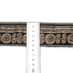 Black Bullion Embroidery Floral Pattern Sequin Beaded Mesh Lace Tape for Clothing Dresses Hats