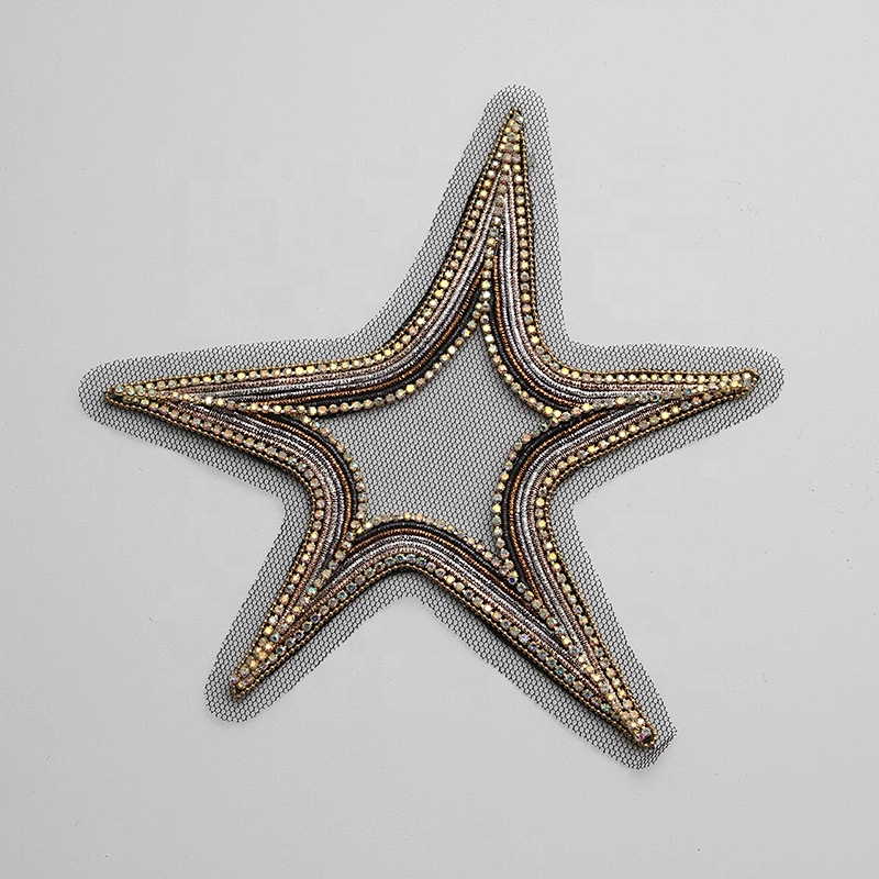3D Multi Colour Bead Rhinestones Star Shaped Black Applique Patches