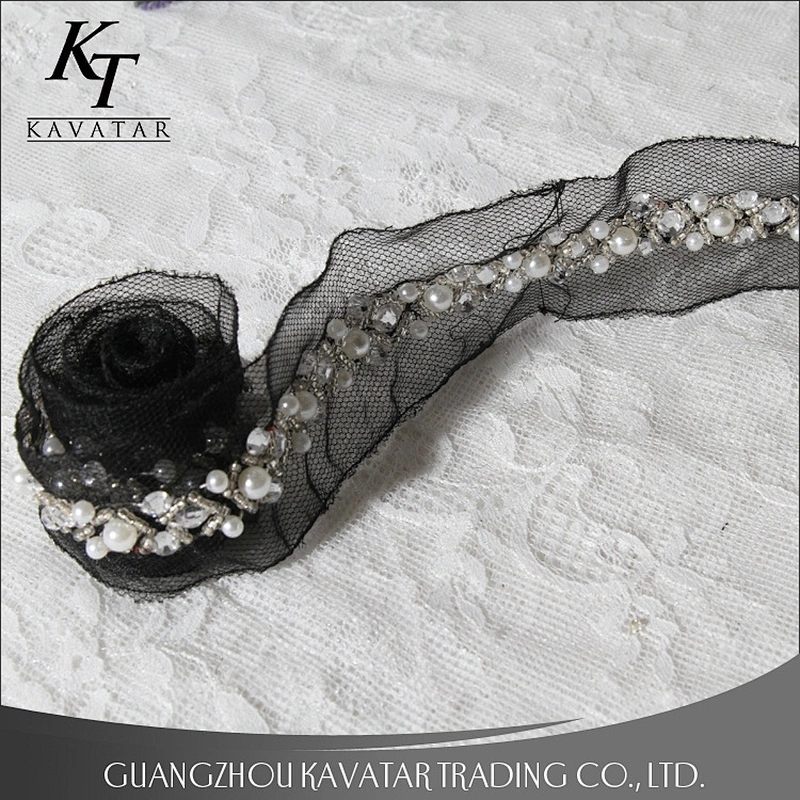 Kavatar Crystal Rhinestone White Bead Pearl Lace Designs Trim For Wedding Dress
