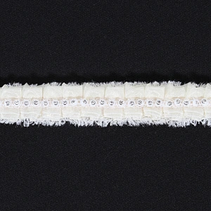 White polyester ruffle lace pleated trim ribbon with bead