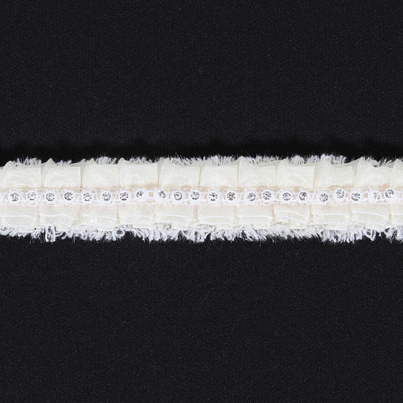 White polyester ruffle lace pleated trim ribbon with bead