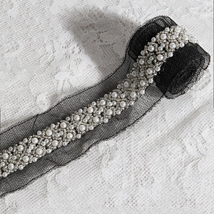 Beautiful White Beaded Lace Black Mesh Design Lace Trim For Decorative Wedding Dress