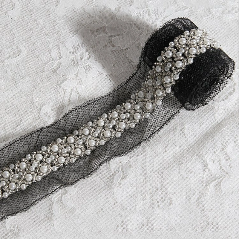 Beautiful White Beaded Lace Black Mesh Design Lace Trim For Decorative Wedding Dress