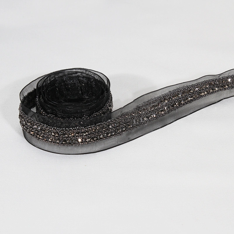 Decorative 2cm Black Copper Coated Rhinestone Beaded Mesh Lace Trim