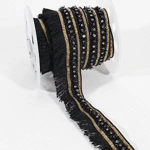 3cm black polyester fringe lace trim ribbon with beads