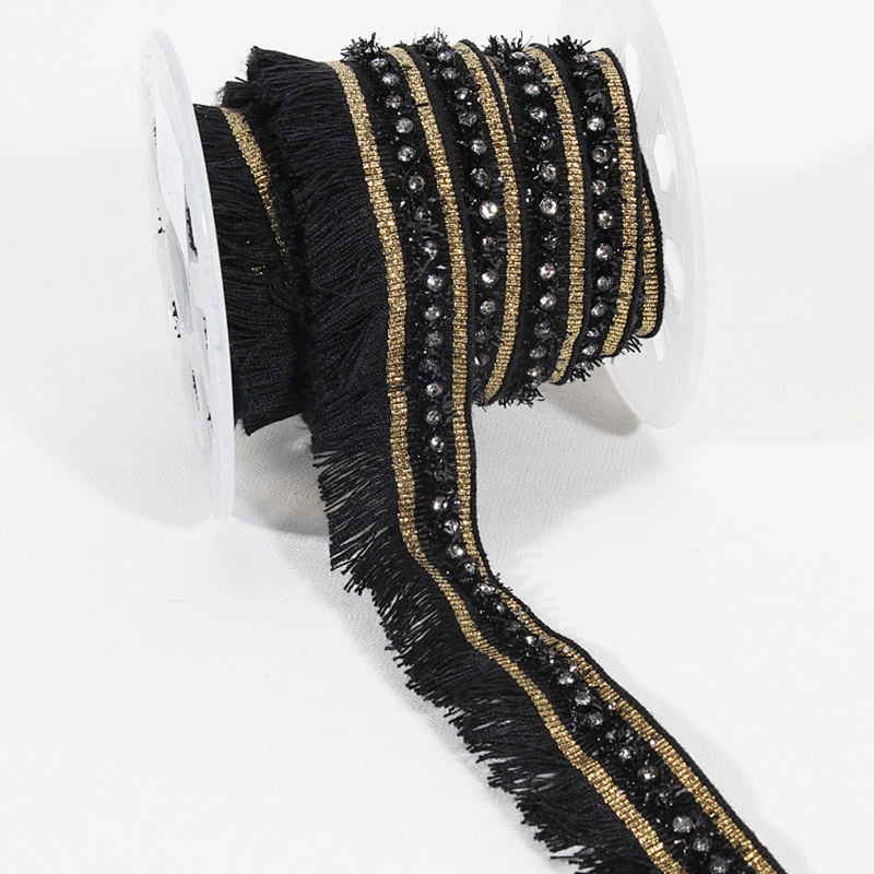 3cm black polyester fringe lace trim ribbon with beads