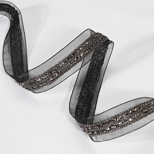 Decorative 2cm Black Copper Coated Rhinestone Beaded Mesh Lace Trim