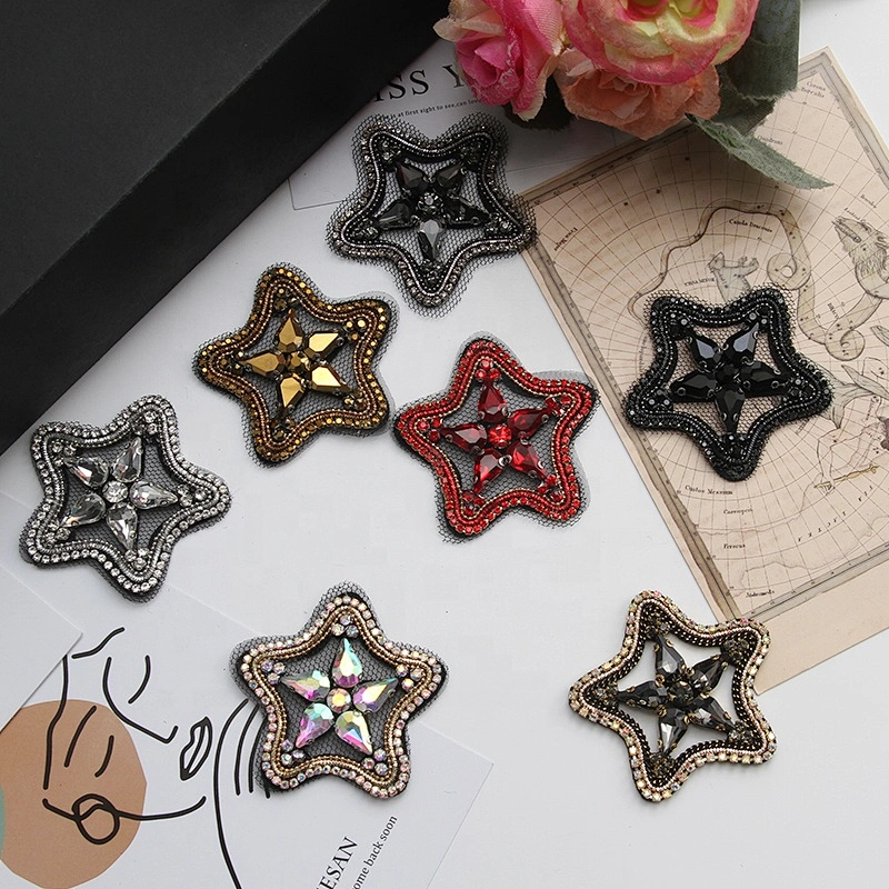 Kavatar Beaded Black/Red/ Gun star rhinestone Patches for women clothing patch Sew on patches