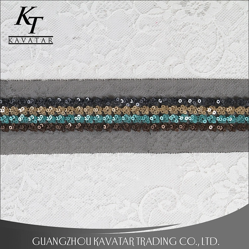 Wholesale Four Rows Sequins Trim Sew On Black Mesh For Decorative Dress