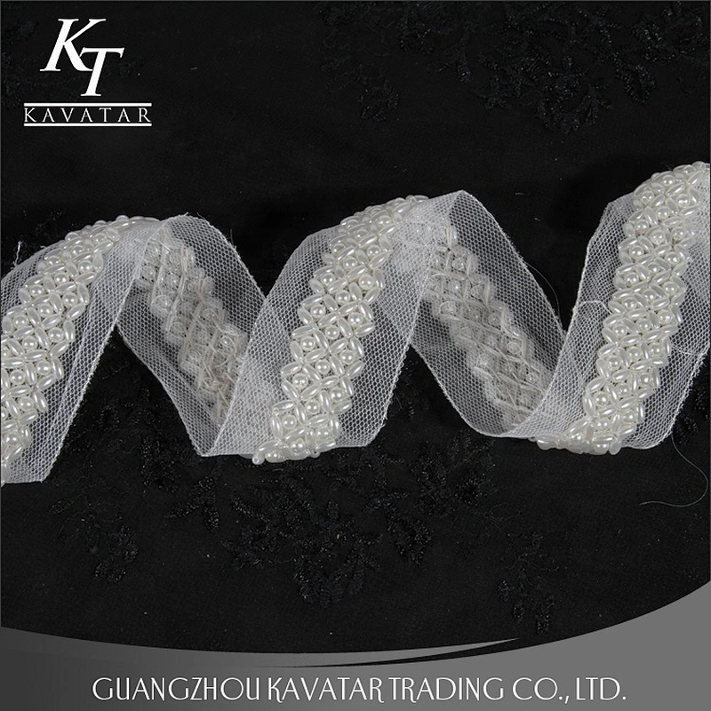 White Beaded Pearl Embroidery Lace Trimming For Wedding Dress
