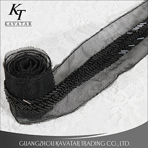 Stock wholesale 5cm width black beaded lace mesh trim garment accessories