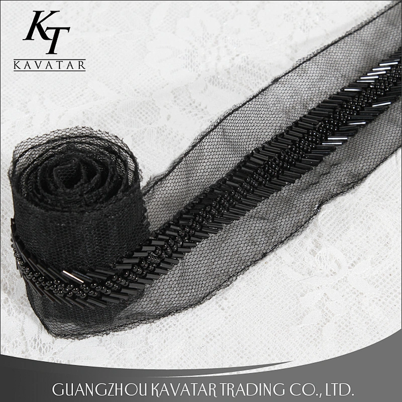 Stock wholesale 5cm width black beaded lace mesh trim garment accessories