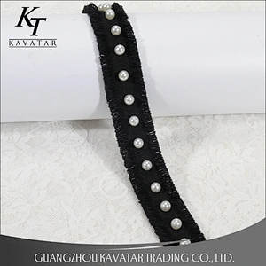 Hot selling custom wholesale black polyester ribbons with pearl trim for decoration