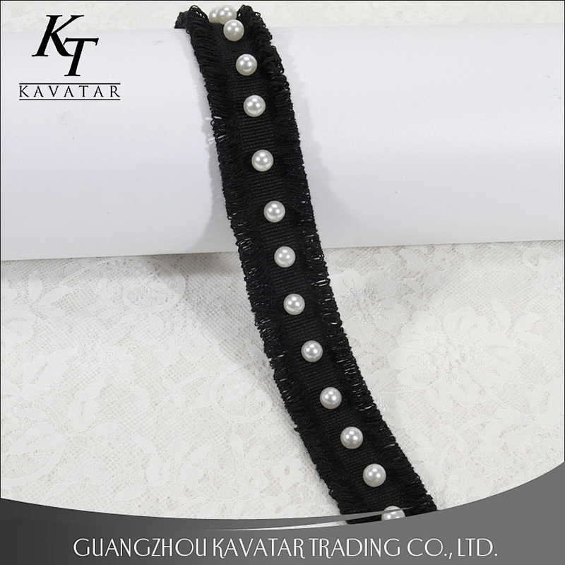 Hot selling custom wholesale black polyester ribbons with pearl trim for decoration