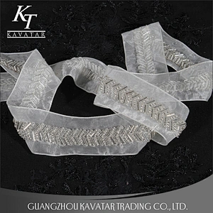 Handmade Beaded Sewing Lace Trims Mesh Ribbon For Wedding Dress Decoration