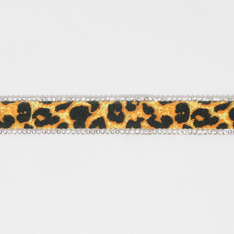 Wholesale 2cm Leopard Print Grosgrain Ribbon Rhinestone Border Hotfix Transfer Trim