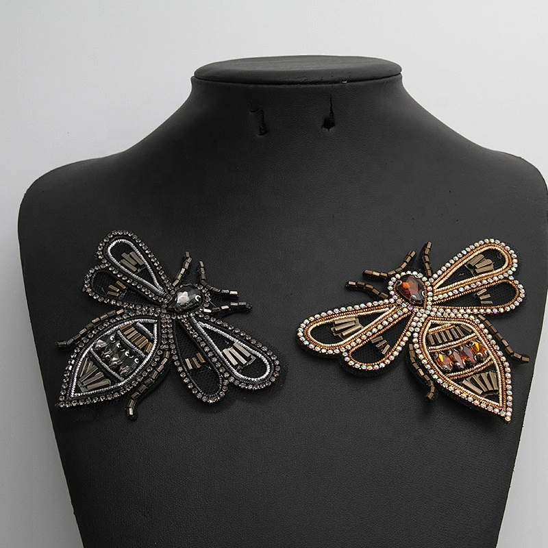 Fashion clothes and bag decorate wholesale beaded rhinestone bee applique patch