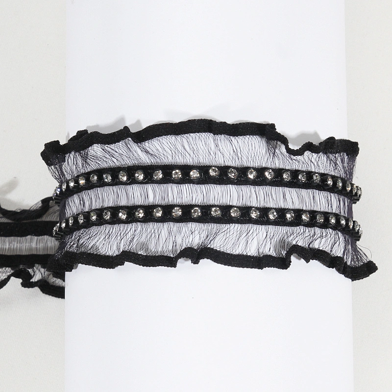 Wholesale Rhinestone Beaded Ruffled Chiffon Lace Trim for Women Garments