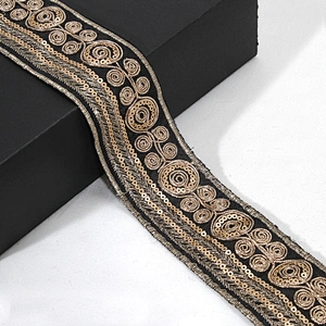 Black Bullion Embroidery Floral Pattern Sequin Beaded Mesh Lace Tape for Clothing Dresses Hats