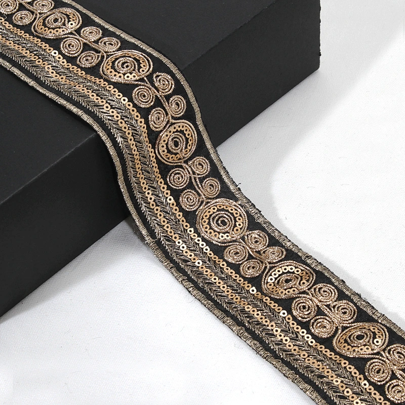 Black Bullion Embroidery Floral Pattern Sequin Beaded Mesh Lace Tape for Clothing Dresses Hats