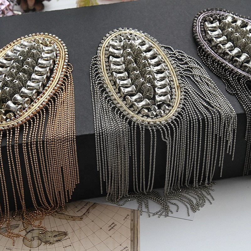 custom embroidery patch clothing dresses Epaulets applique handmade rhinestone beaded patches for clothing