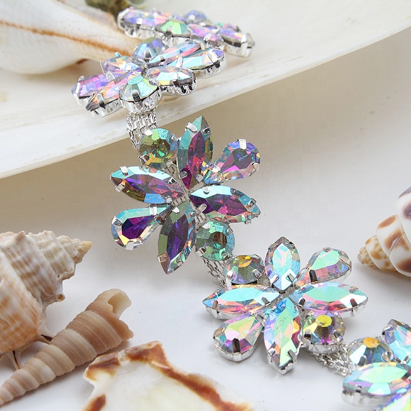 Flower Shape Crystal AB Red Black Rhinestone Chain Trims Costume Applique Sewing Craft Wholesale
