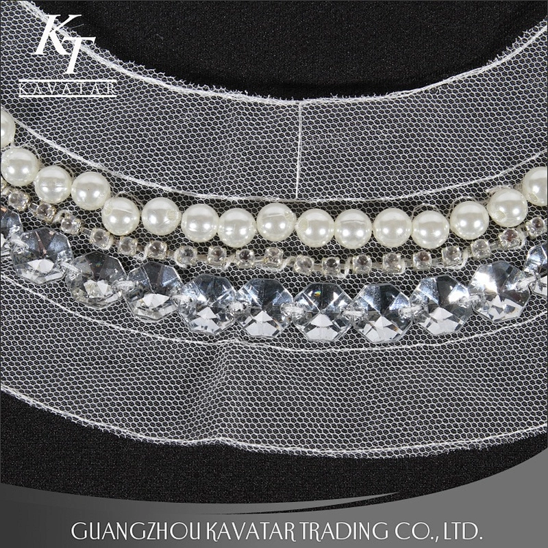 Kavatar Pearl Rhinestone Sew On White Mesh Neckline Trim For garment