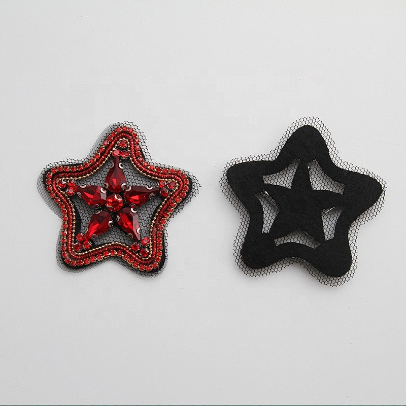 Kavatar Beaded Black/Red/ Gun star rhinestone Patches for women clothing patch Sew on patches