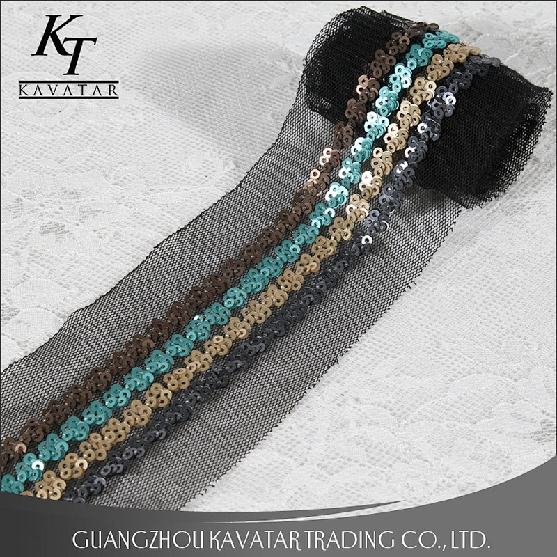 Wholesale Four Rows Sequins Trim Sew On Black Mesh For Decorative Dress