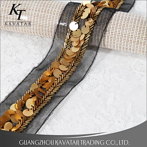 Wholesale Golden Sequins Mesh Fabric Paillette Lace Beaded Trim