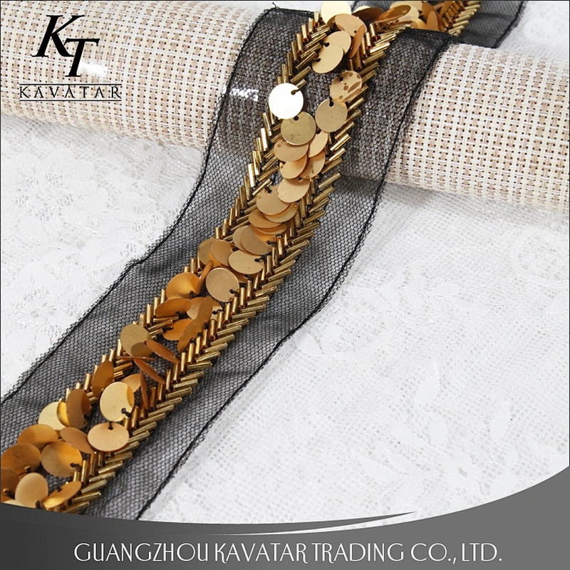 Wholesale Golden Sequins Mesh Fabric Paillette Lace Beaded Trim