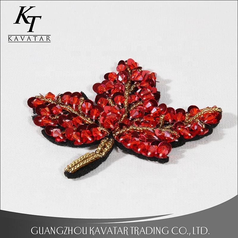 Red maple leaf design beading sequin patches for decorative garment bag