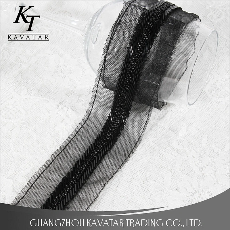 Stock wholesale 5cm width black beaded lace mesh trim garment accessories