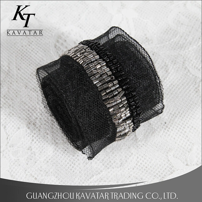 Fashion Lace Trims Black kavatar Bead Hand Embroidery Beaded Trimming