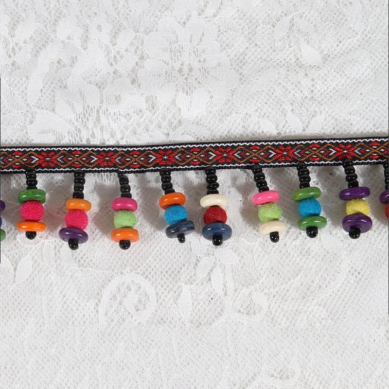Kavatar Cheap Colorful Ribbon Manual Beaded Long Fringe Lace Trim