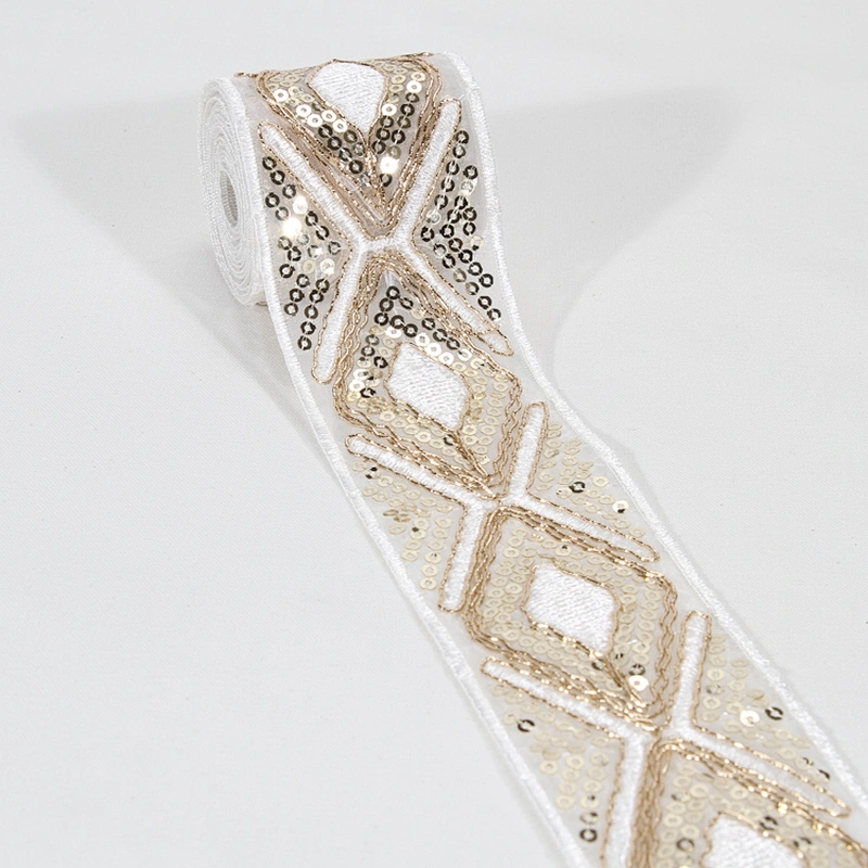 Handmade Gold Embroidery Cross Sequin Beaded Mesh Tape