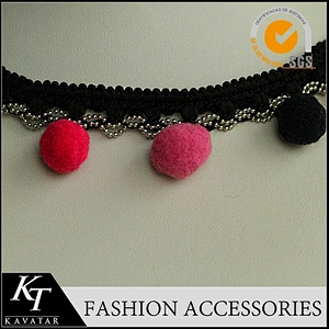 Ladies lace top latest design Copper chain multicolour pom pom trim for clothes
