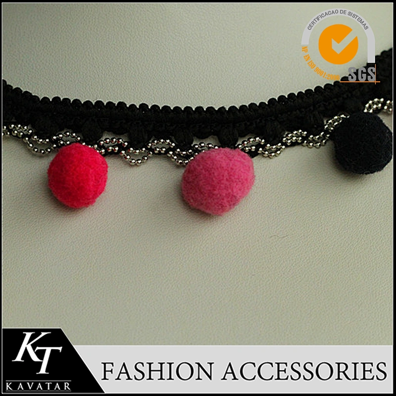Ladies lace top latest design Copper chain multicolour pom pom trim for clothes