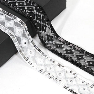4cm Black Mesh Lace Base Handmade Embroidery Sequin Trim for Clothing