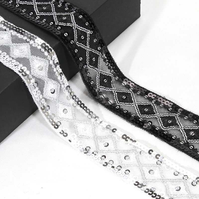 4cm Black Mesh Lace Base Handmade Embroidery Sequin Trim for Clothing