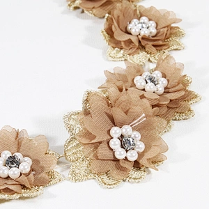 Semi-hand women dress lace trim pearl beaded lace