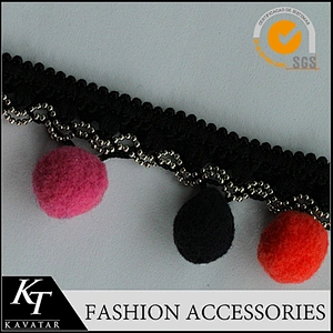 Ladies lace top latest design Copper chain multicolour pom pom trim for clothes