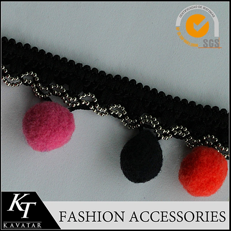 Ladies lace top latest design Copper chain multicolour pom pom trim for clothes