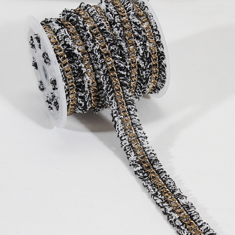 Cheap price wholesale polyester fringe tape trim with Copper chain