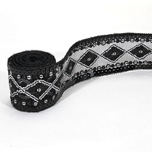 4cm Black Mesh Lace Base Handmade Embroidery Sequin Trim for Clothing