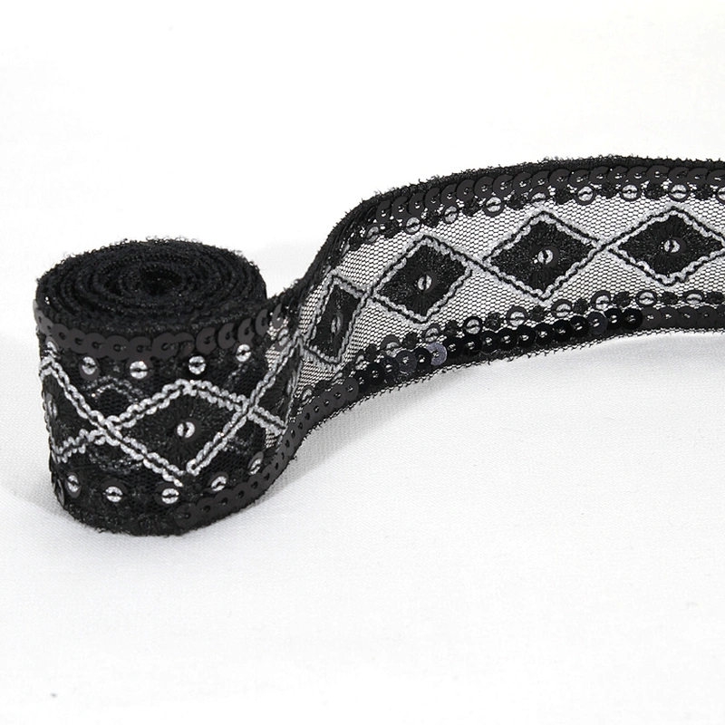 4cm Black Mesh Lace Base Handmade Embroidery Sequin Trim for Clothing