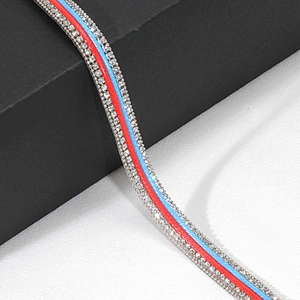 Wholesale 1cm Accessories Beaded Rhinestone Hot Fix Trimming with Red Blue Polyester Strips